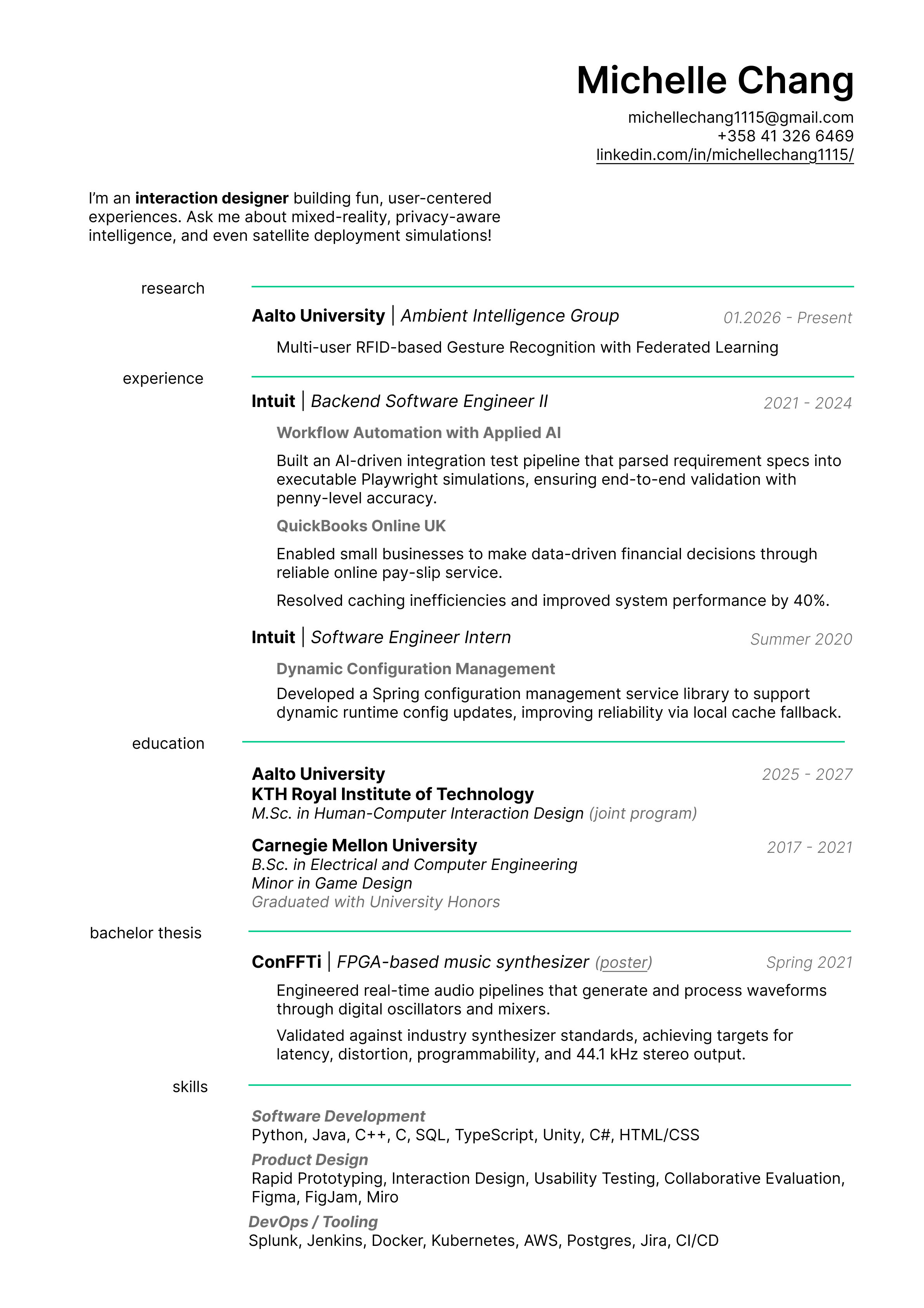 Michelle Chang's CV